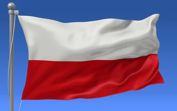 Bandeira Polônia Acenando Topo Mastro Bandeira Com Céu Azul Fundo — Fotografia de Stock