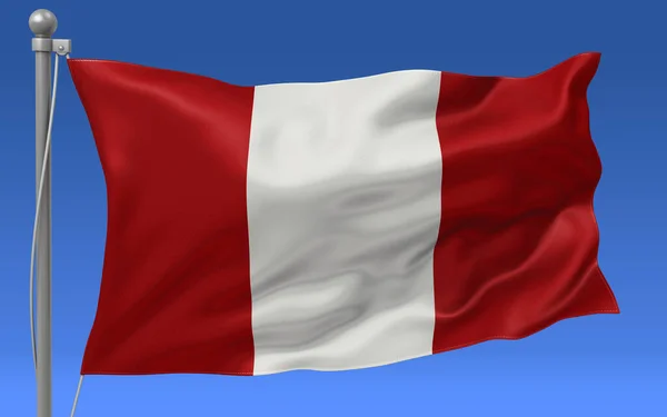 Flaga Peru Machająca Szczycie Masztu Flagowego Niebieskim Niebem Tle — Zdjęcie stockowe