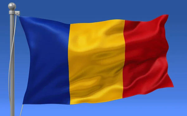 Bandiera Della Romania Sventola Sulla Cima Pennone Con Cielo Blu — Foto Stock
