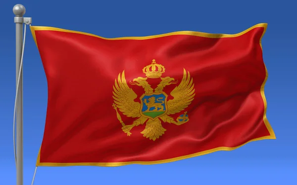 Flaga Czarnogóry Machająca Szczycie Masztu Flagowego Niebieskim Niebem Tle — Zdjęcie stockowe