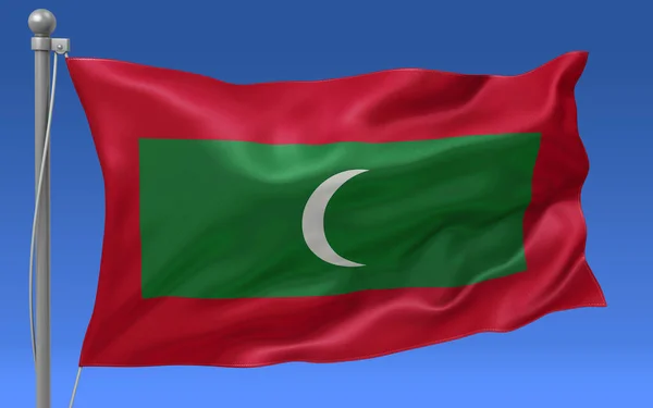 Maledivská Vlajka Vlnící Vrcholu Stožáru Modrou Oblohou Pozadí — Stock fotografie