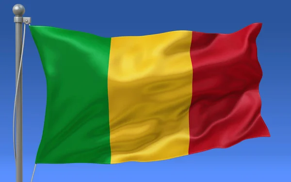 Σημαία Του Μάλι Κυματίζει Στην Κορυφή Ενός Κονταριού Σημαίας Μπλε — Φωτογραφία Αρχείου