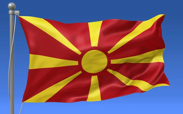 Vlajka Republiky Severní Makedonie Vlnící Vrcholu Stožáru Modrou Oblohou Pozadí — Stock fotografie