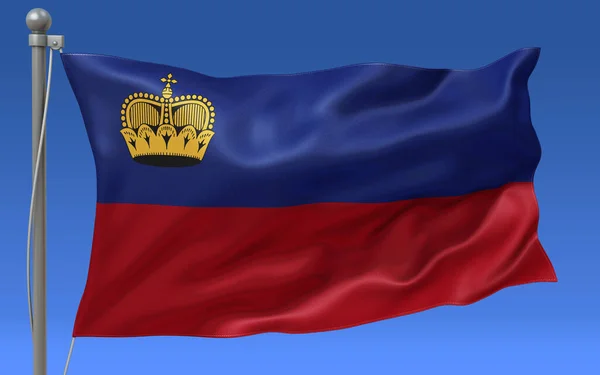 Flaga Liechtensteinu Machająca Szczycie Masztu Flagowego Niebieskim Niebem Tle — Zdjęcie stockowe