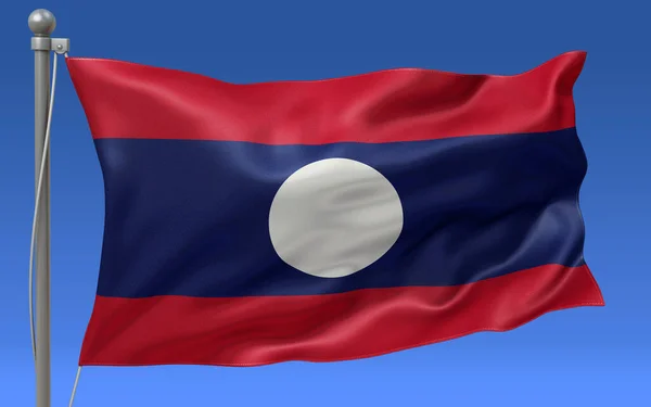 Σημαία Του Λάος Κυματίζει Στην Κορυφή Ενός Κονταριού Σημαίας Έναν — Φωτογραφία Αρχείου