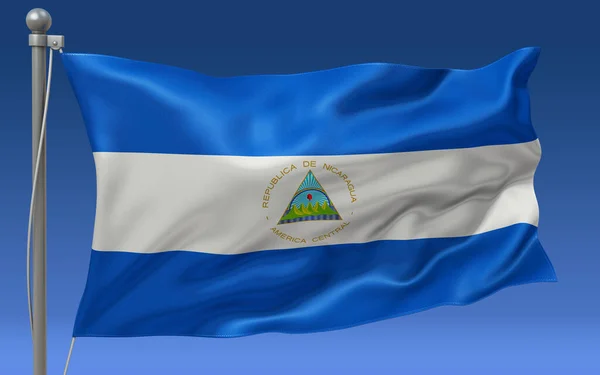 Σημαία Της Νικαράγουας Κυματίζει Στην Κορυφή Ενός Κονταριού Σημαίας Μπλε — Φωτογραφία Αρχείου