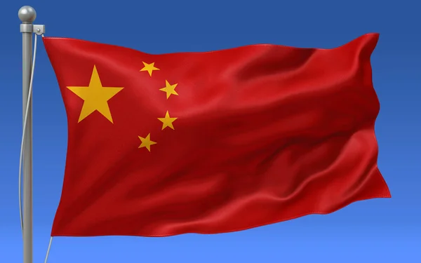 The flag of China waving at the top of a flagpole with a blue sky in the background