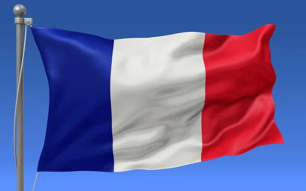 Flaga Francji Machająca Szczycie Masztu Flagowego Niebieskim Niebem Tle — Zdjęcie stockowe