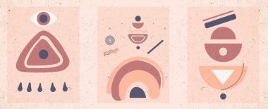 Soyut modern estetik posterler. Geometrik şekiller. Yüzyılın ortalarında, minimalist sanat baskısı. Terracotta, bej rengi. Şekiller düzenin sembolleri, doğru doku.
