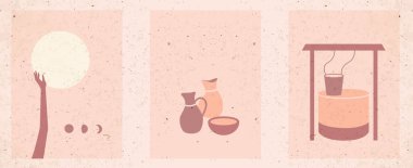 Çöl hayatı. Modern tarzda düz tasarım. Boho tarzı. Orta Çağ modern soyut baskısı