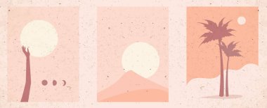 Düz, soyut, kum rengi seti. Soyut çağdaş estetik arka planlar, gün doğumuyla, günbatımıyla kurulmuş manzaralar. Modern düz stil posterler. Palmiye ağaçları, çöl tepeleri, mistik semboller..