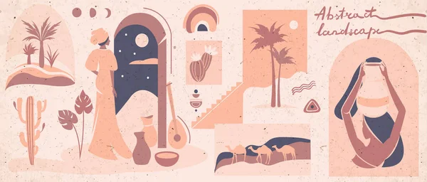 Topraksı bej renklerin soyut posterleri. Doğulu kadınlar. Çöl göçebeleri. Deve kervanı çöle gider. Kum ve adımlar. Çöl doğası, vaha, palmiye ağaçları ve çiçek açan kaktüsler..