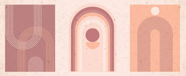 Gökkuşağı ve güneş. Geometrik denge şekilli soyut çağdaş estetik posterler. Geometrik denge şekilleri ve güneş daireleriyle çağdaş estetik arka plan. Duvar dekoru. Orta çağ modern minimalist baskısı. Geometrik sanat.