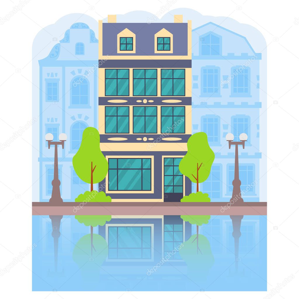City apartment house summer Amsterdam.Vector flat illustration.