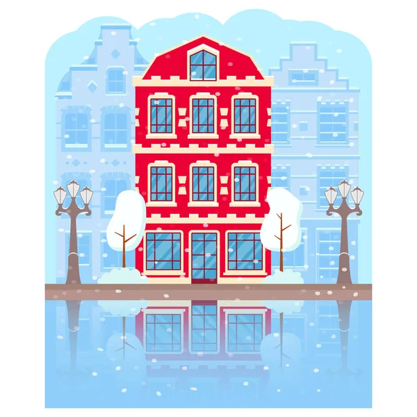 Zimní čas Amsterdam.Budovy ve sněhu Nizozemsko, Evropa. — Stockový vektor