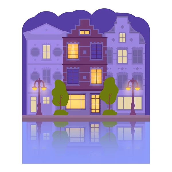 Night Amsterdam house.Urban landscape of the Netherlands. — Stock Vector