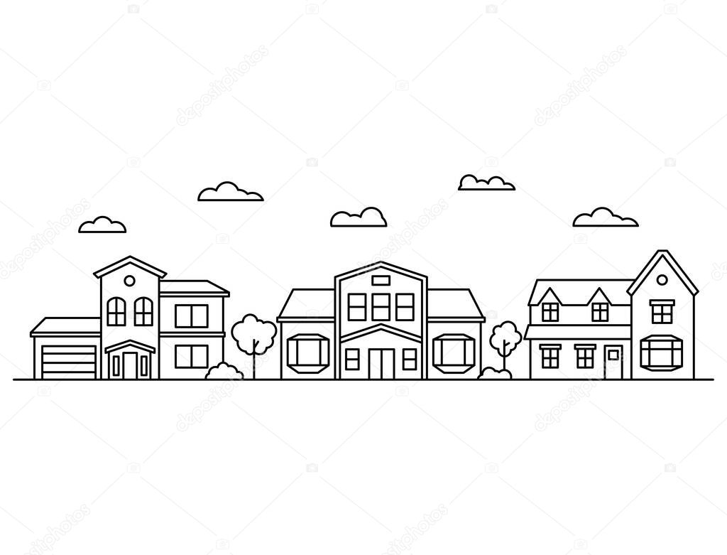 Village neighborhood line art vector.Simple house icon cityscape.Urban landscape with city street or district.
