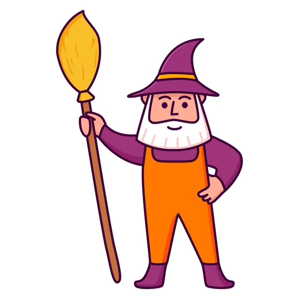 Gnome in hat with broom and beard.Holidays greeting card. — Stock Vector