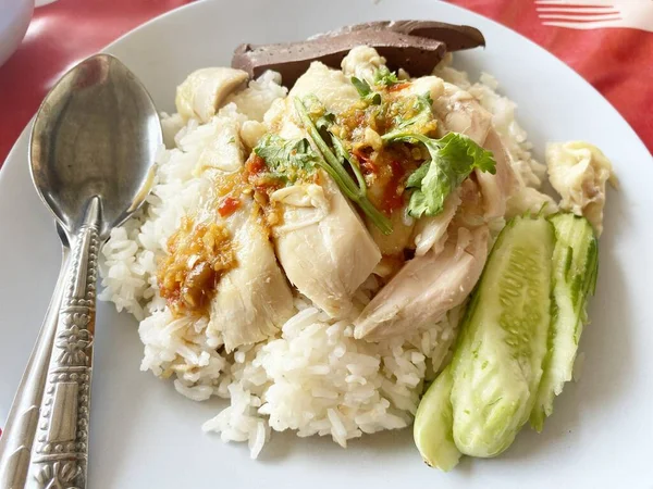 Arroz Cozido Vapor Com Comida Frango — Fotografia de Stock