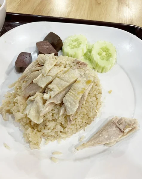 Arroz Cozido Vapor Com Comida Frango — Fotografia de Stock