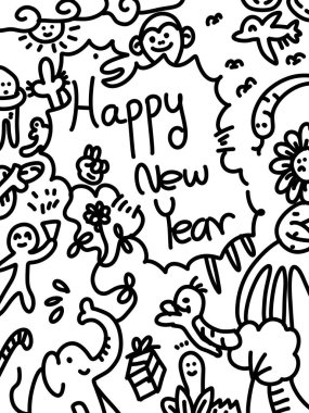 Çizgi film ve metinlerin siyah beyaz yeni yılı kutlu olsun.