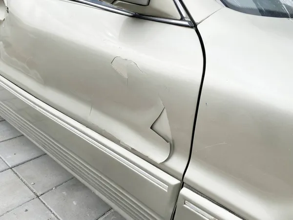 Close Detail Dented Driver Door Car Crash Automobile Accident — Stock Photo, Image