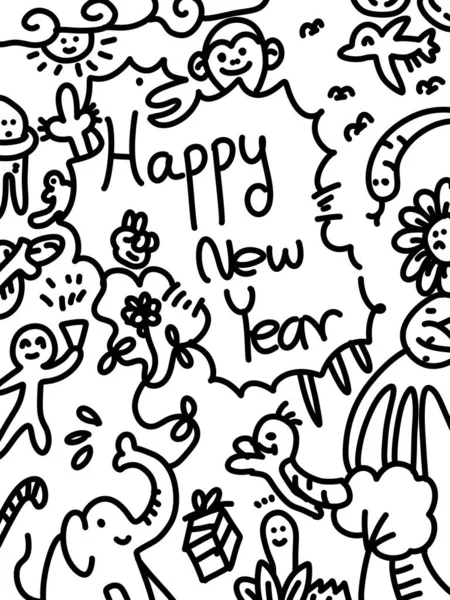 Çizgi film ve metinlerin siyah beyaz yeni yılı kutlu olsun.