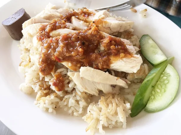 Arroz Cozido Vapor Com Comida Frango — Fotografia de Stock