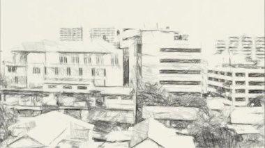 Bangkok, Tayland 'daki binaların siyah beyaz çizimleri