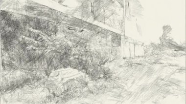 Terk edilmiş binanın siyah beyaz çizimi