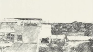 Terk edilmiş binanın siyah beyaz çizimi