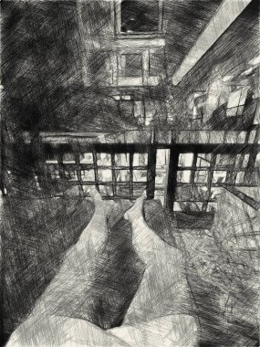 Sanat harikalar diyarındaki yatakta siyah beyaz bir adam çiziyor.