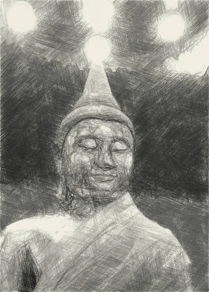 Buda Heykelinin Siyah Beyaz Çizimi — Stok fotoğraf