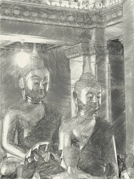 Schwarz Weiß Zeichnung Der Buddha Statue — Stockfoto