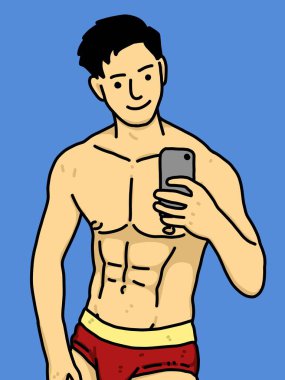 Mavi arka planda sevimli bir adam çizgi filmi