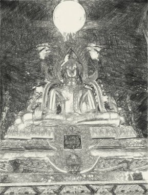 Buda heykelinin siyah beyaz çizimi