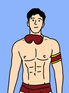 Mavi arka planda sevimli bir adam çizgi filmi