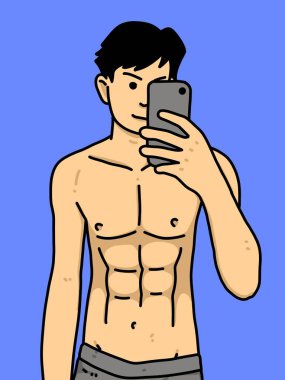 Mavi arka planda sevimli bir adam çizgi filmi