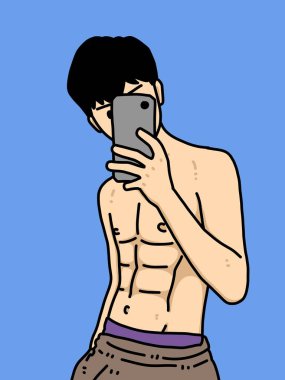 Mavi arka planda sevimli bir adam çizgi filmi