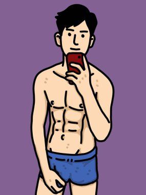 Mor arka planda sevimli bir adam çizgi filmi