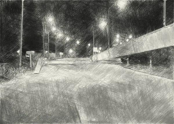 Art Drawing Black White Night Road — Stock Photo, Image