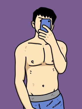 Mor arka planda sevimli bir adam çizgi filmi