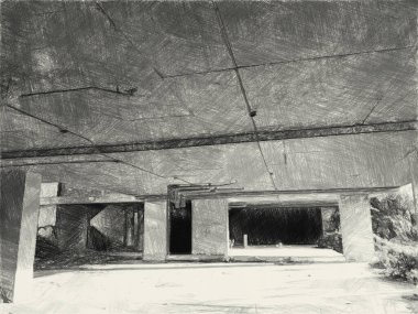 Terk edilmiş binanın siyah beyaz çizimi