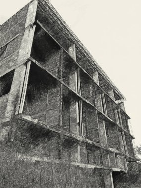 Terk edilmiş binanın siyah beyaz çizimi