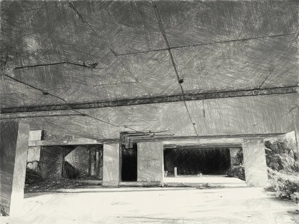 Terk edilmiş binanın siyah beyaz çizimi