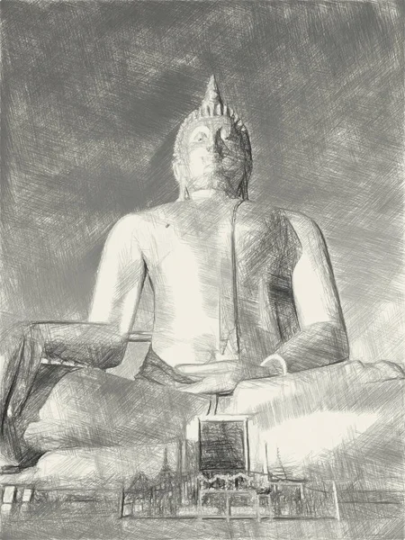 Dibujo Arte Blanco Negro Estatua Buda — Foto de Stock