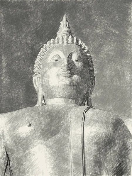 Schwarz Weiß Zeichnung Der Buddha Statue — Stockfoto