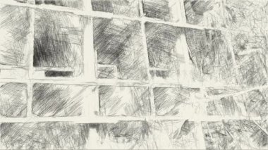 Terk edilmiş binanın siyah beyaz çizimi