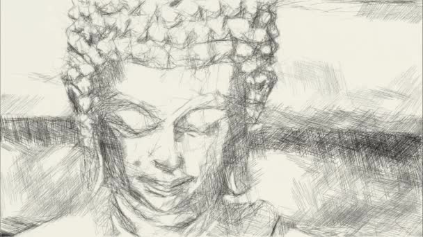 Schwarz Weiß Zeichnung Des Buddhakopfes — Stockvideo