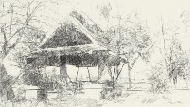 萨昂乡间废弃亭子的黑白绘画艺术 — 图库视频影像
